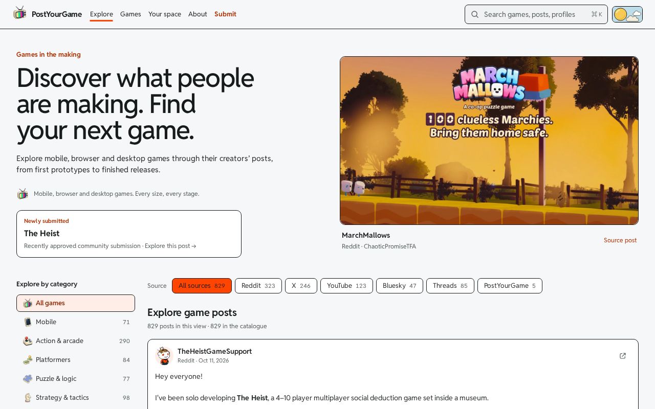 Preview of Discover what people are making. Find your next game. | PostYourGame