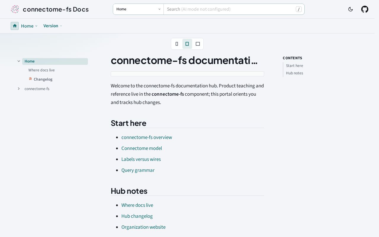 Preview of Antora documentation hub for connectome-fs (Valentus/Facto) — not the marketing website