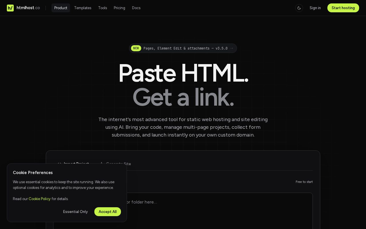 Preview of htmlhost.co — AI HTML editor + instant hosting