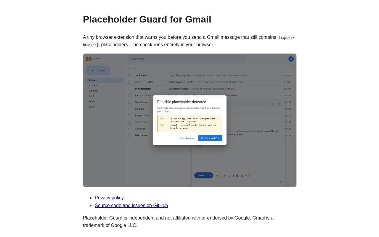 Preview of Gmail Placeholder Guard
