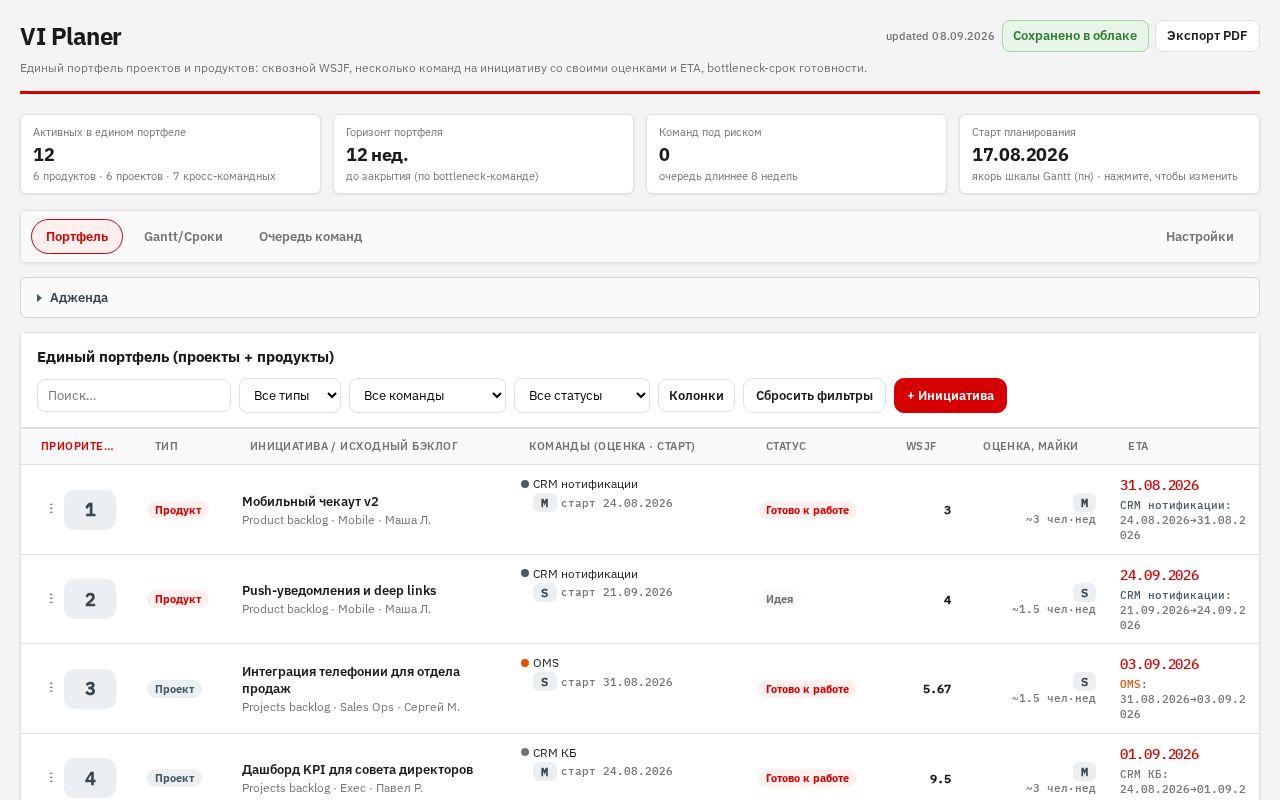Preview of VI Planer — cross-backlog portfolio priority and ETA planner