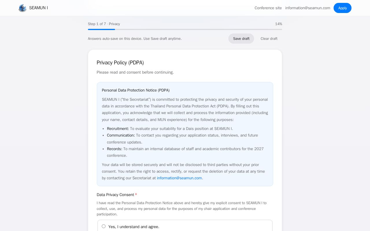 Preview of SEAMUN I 2027 Chair applications.
