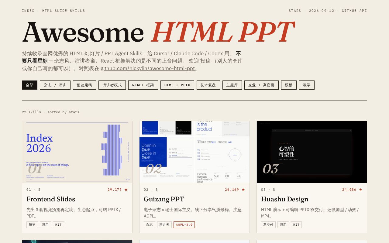 Preview of A curated list of HTML slide / PPT agent skills for Cursor, Claude Code, and Codex.
