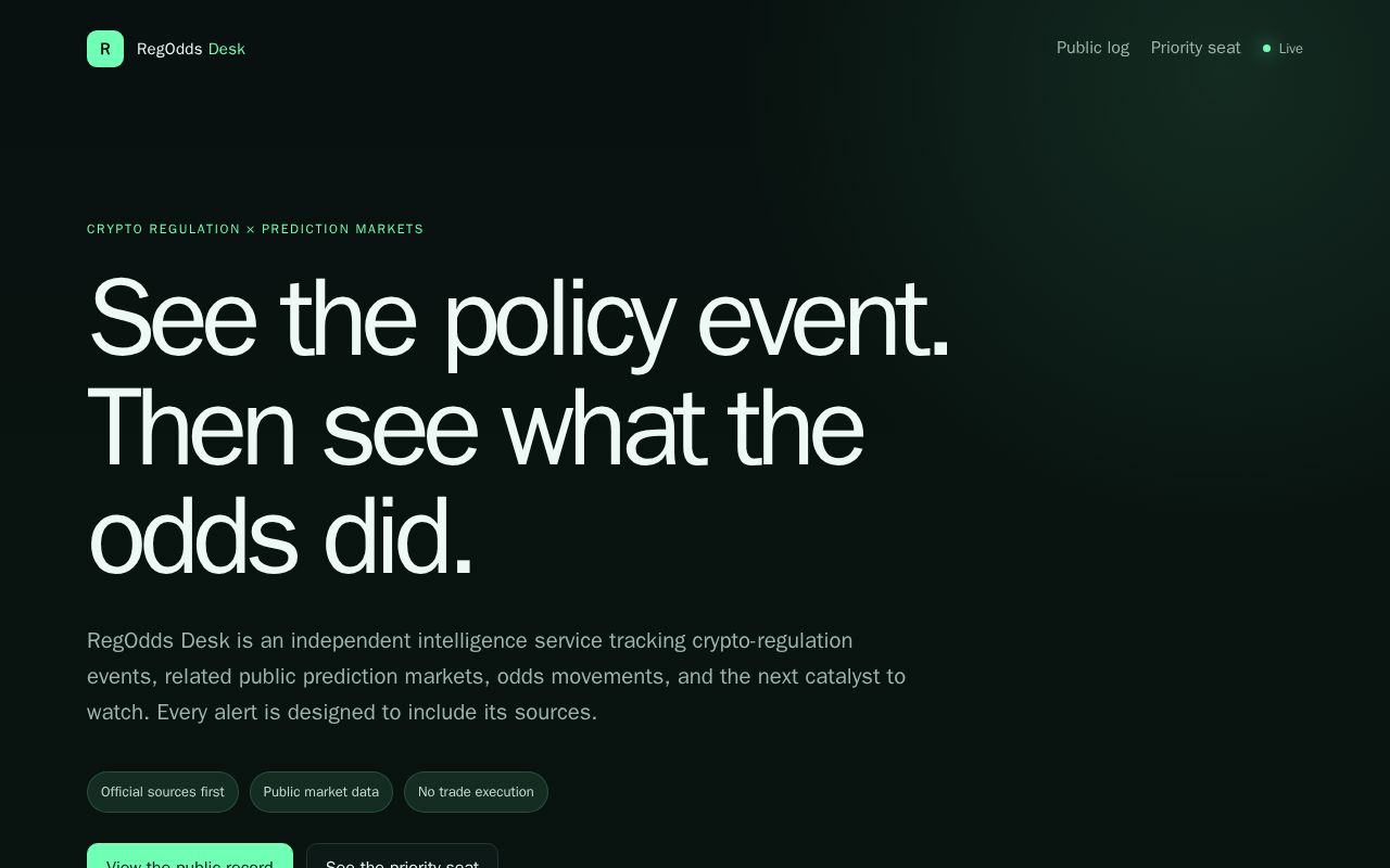 Preview of RegOdds Desk — crypto-regulation intelligence and public prediction-market context.