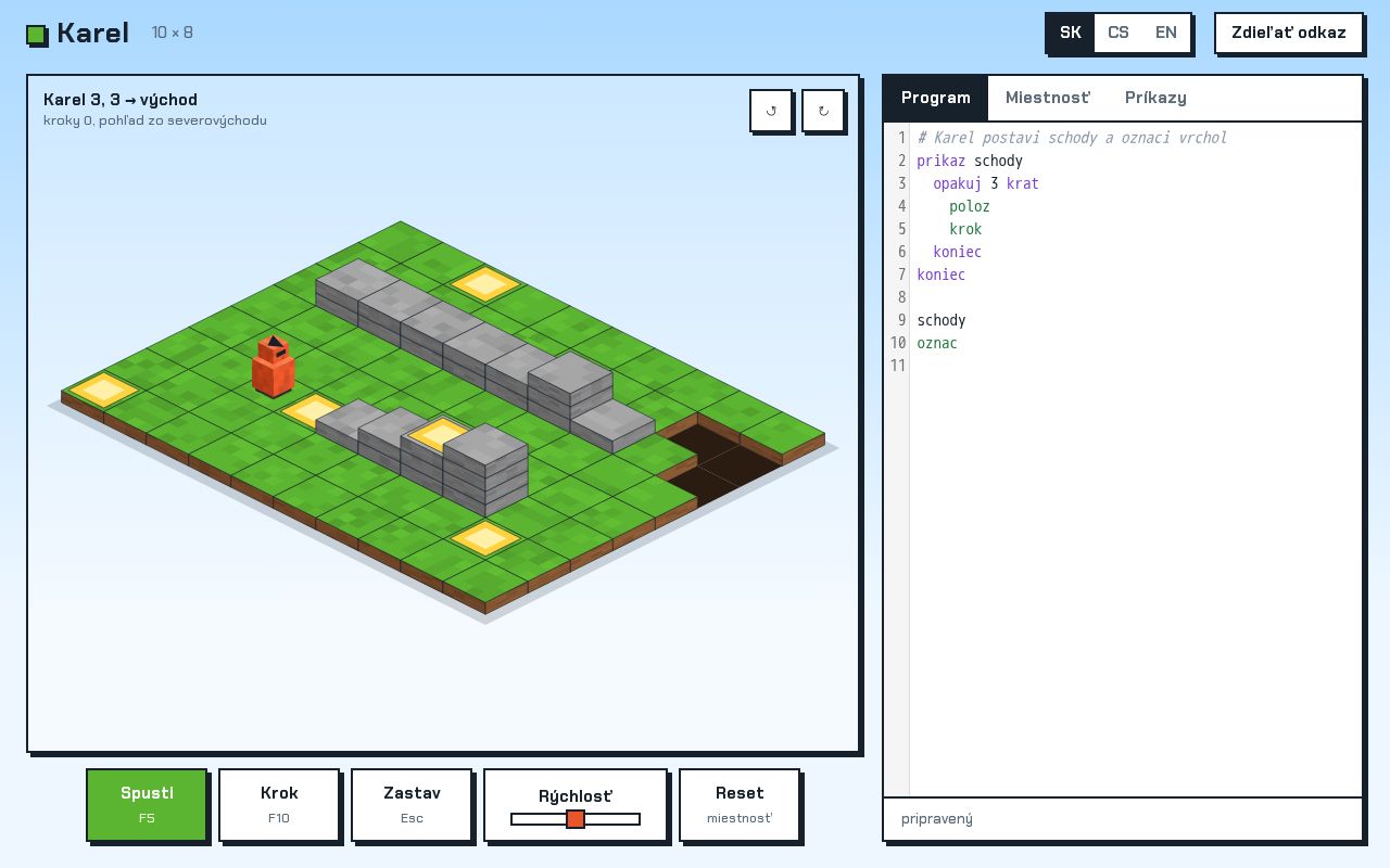 Preview of Karel the robot for Slovak homeschool: isometric, localizable, hand-written programs
