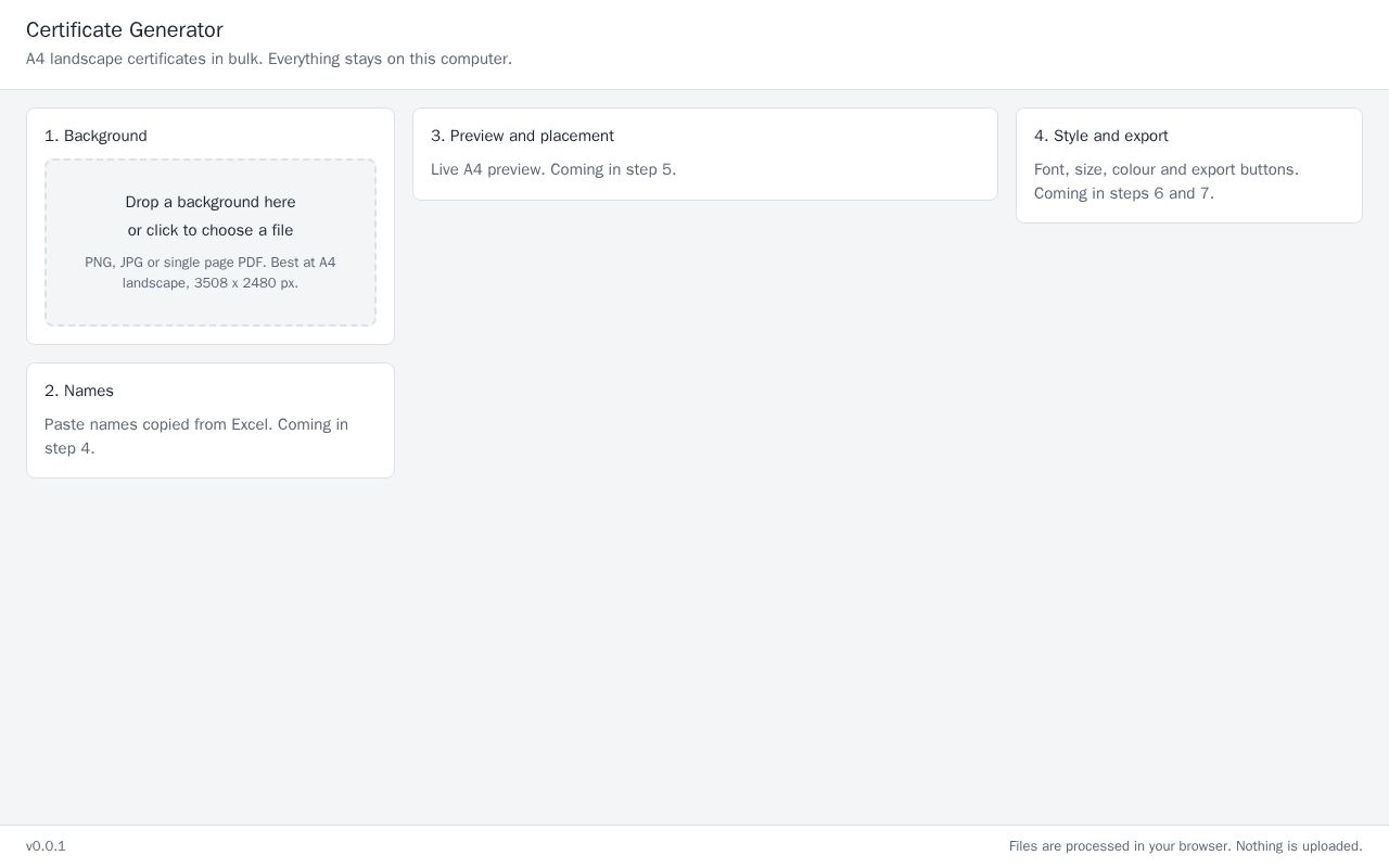 Preview of Browser only bulk generator for A4 landscape certificates. Nothing is uploaded.