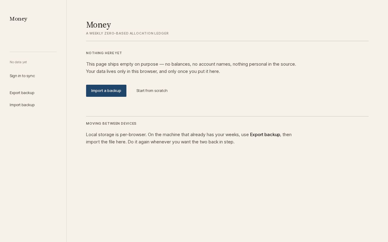 Preview of A weekly zero-based allocation ledger in one HTML file. Data stays in your browser.