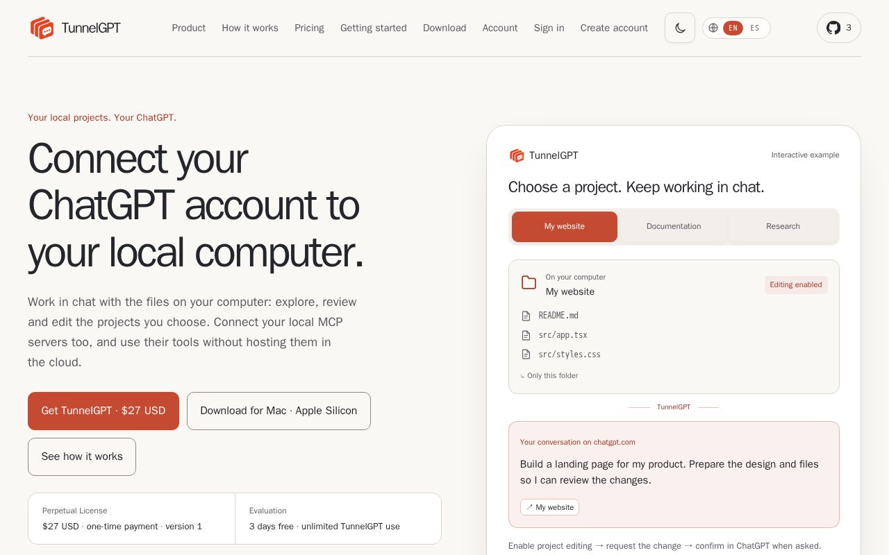 Preview of TunnelGPT · Connect ChatGPT to your computer