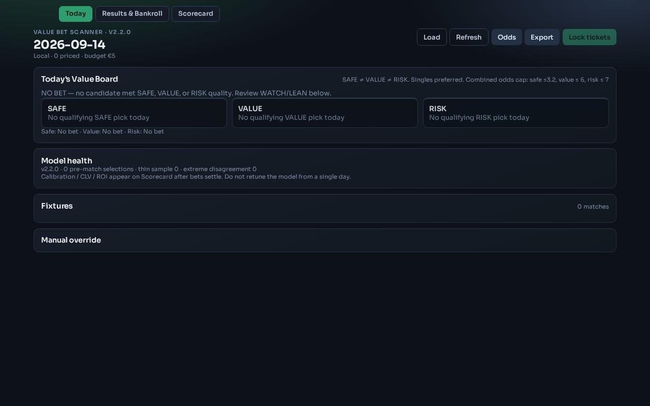 Preview of Value Bet Scanner — daily football value board with calibrated probabilities
