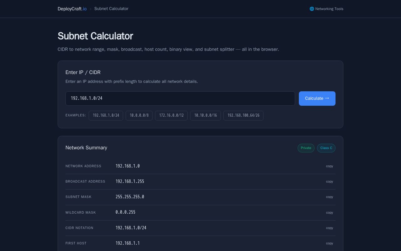 Preview of DeployCraft SubnetCalculator