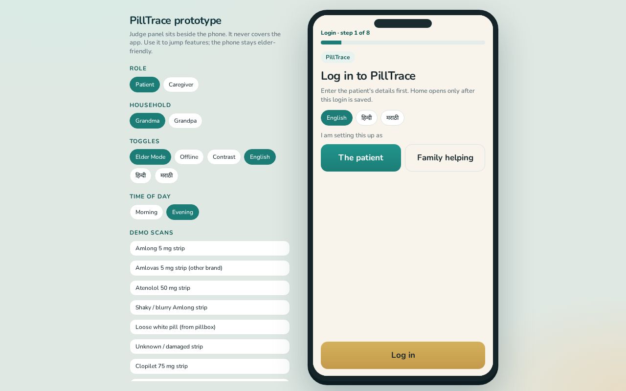 Preview of PillTrace — recognize, verify, and protect before an elderly user takes a dose.