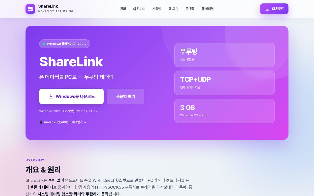 Preview of ShareLink — 폰 데이터를 PC로, 무루팅 테더링