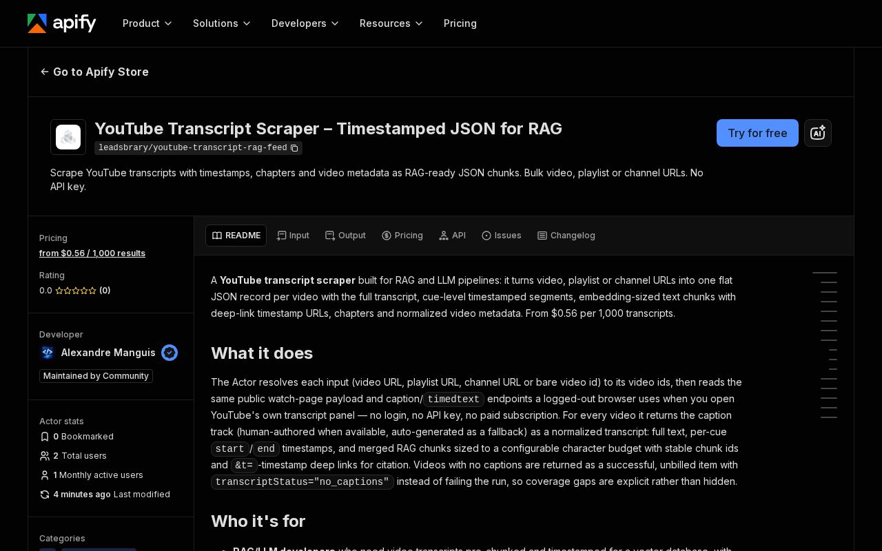 Preview of Youtube Transcript Rag Feed Apify Actor
