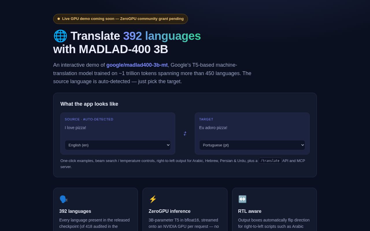 Preview of MADLAD-400 3B Translation