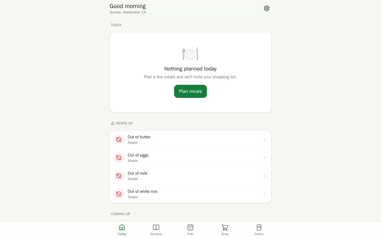 Preview of Meal planner PWA: recipes, weekly plans, exact shopping lists, pantry tracking