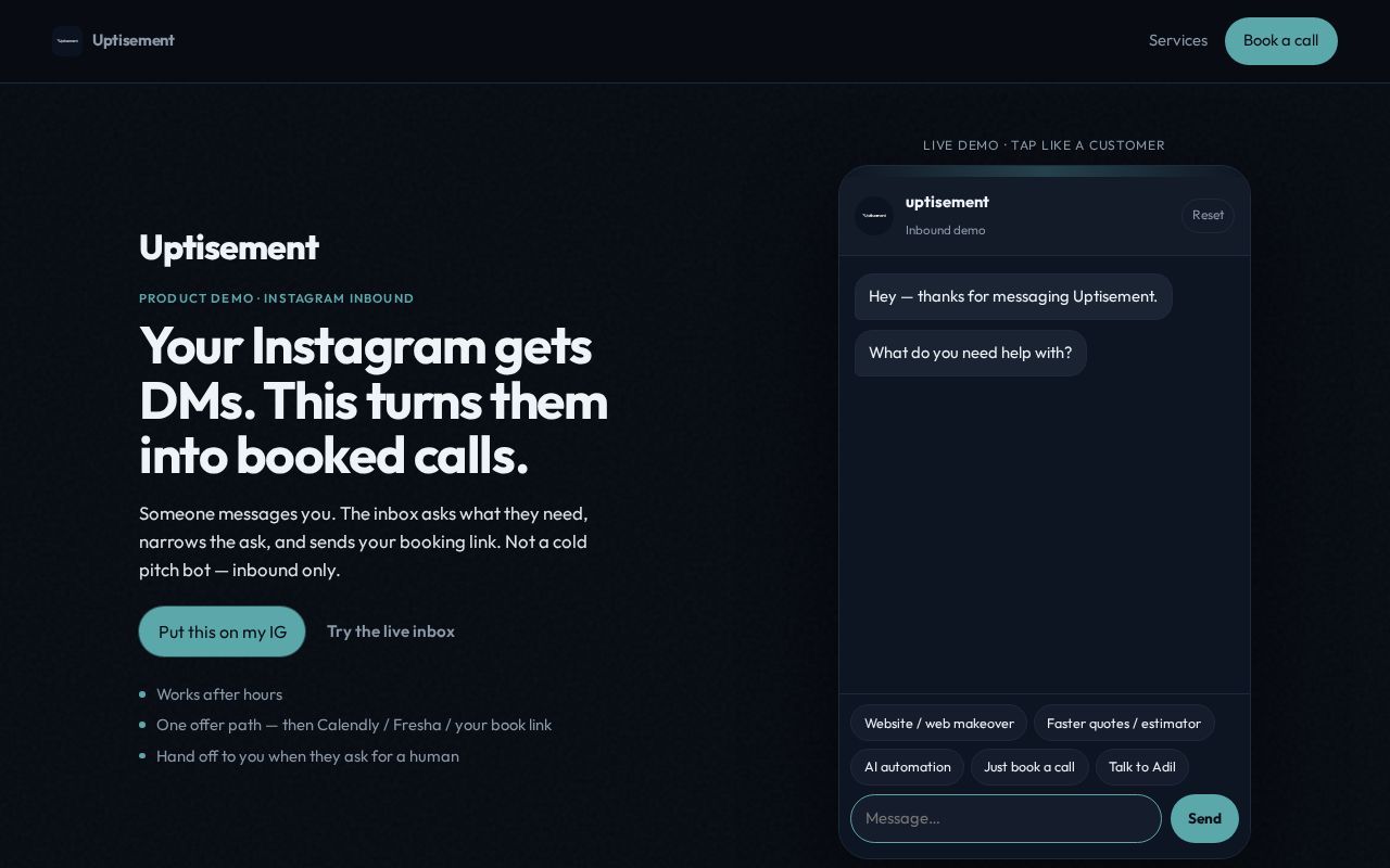 Preview of Uptisement inbound IG DM demo — qualify → Calendly