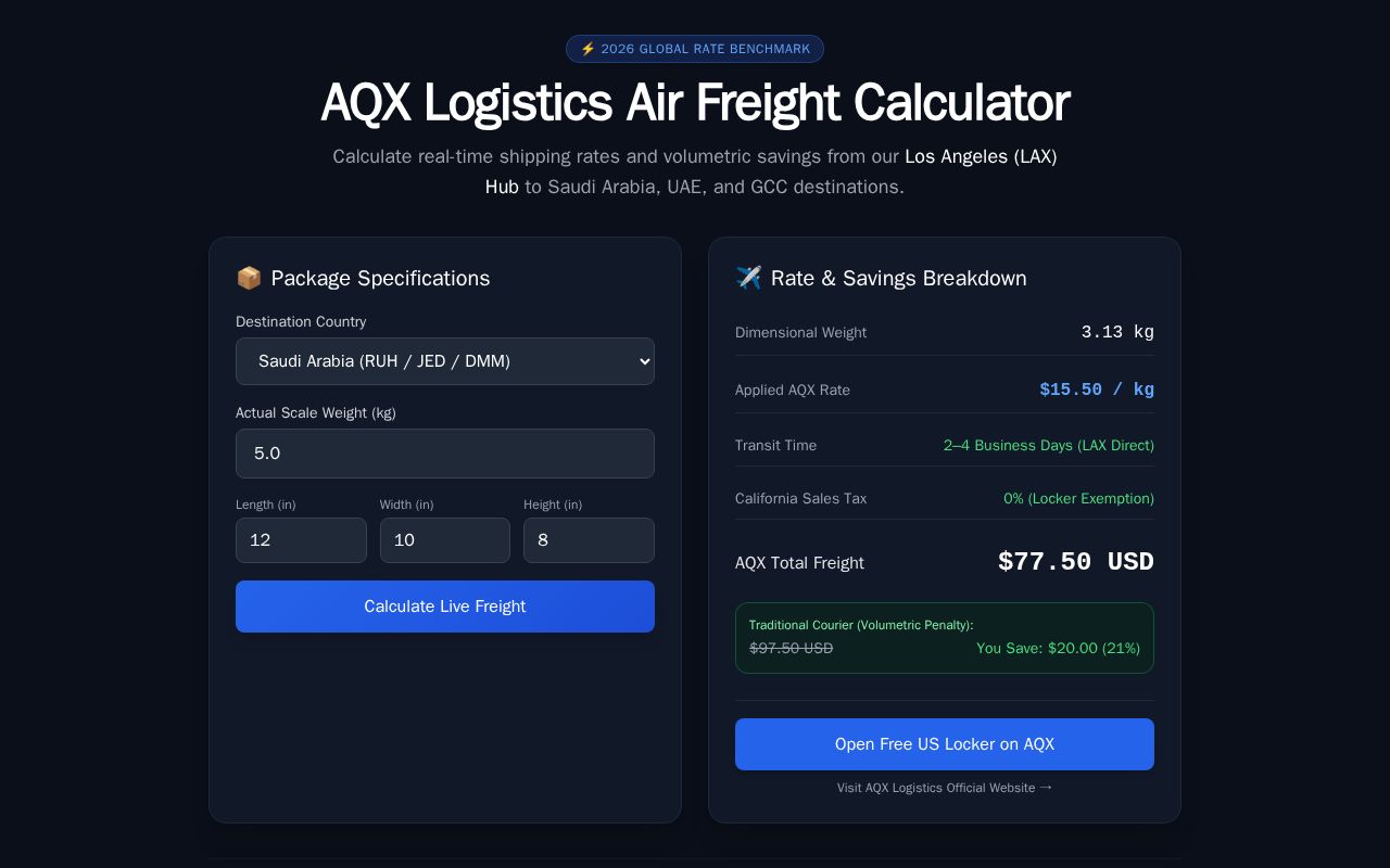 Preview of AQX Freight Rate Calculator
