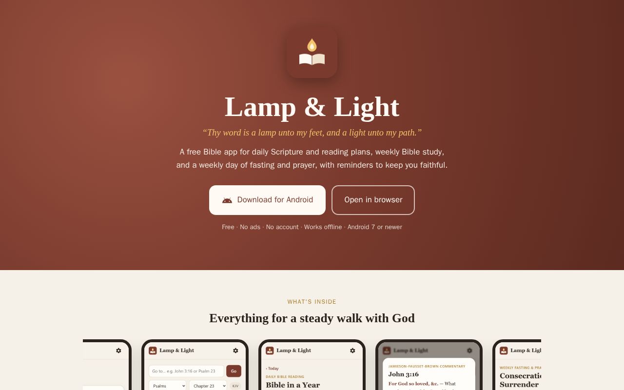 Preview of Lamp & Light — free Bible study, fasting & prayer app
