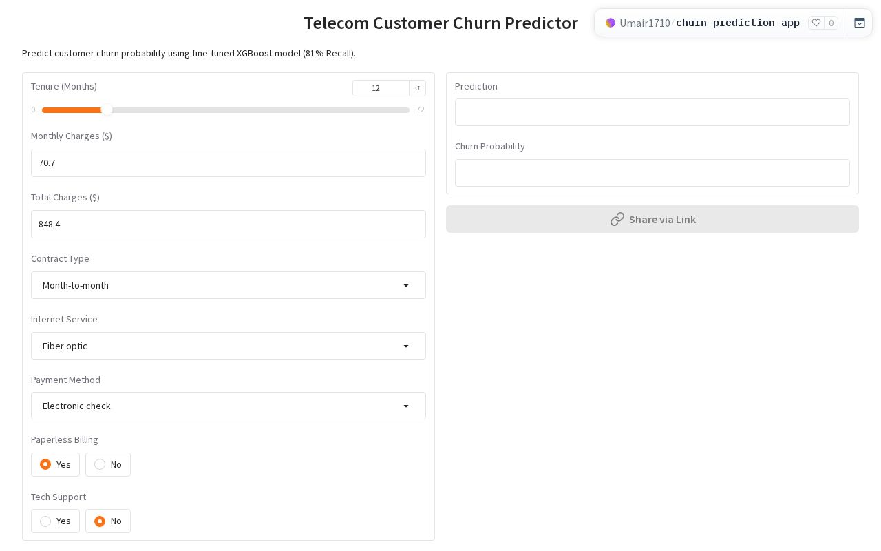 Preview of Churn Prediction App