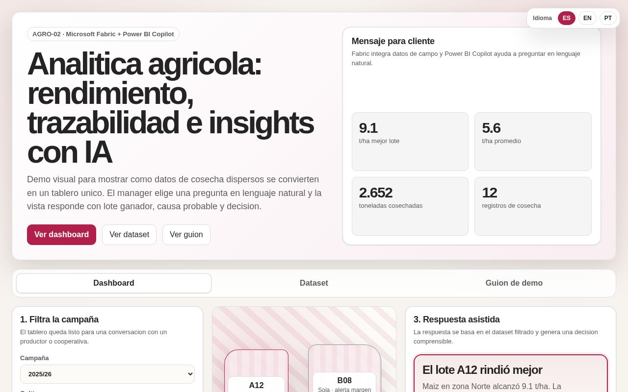 Preview of Demo AGRO-02 de analitica de rendimiento agricola con Microsoft Fabric y Power BI Copilot