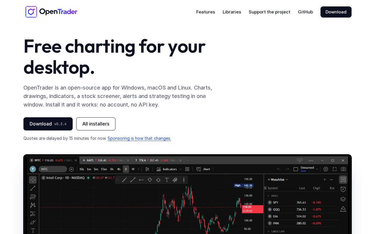Preview of OpenTrader: free desktop charting for Windows, macOS and Linux