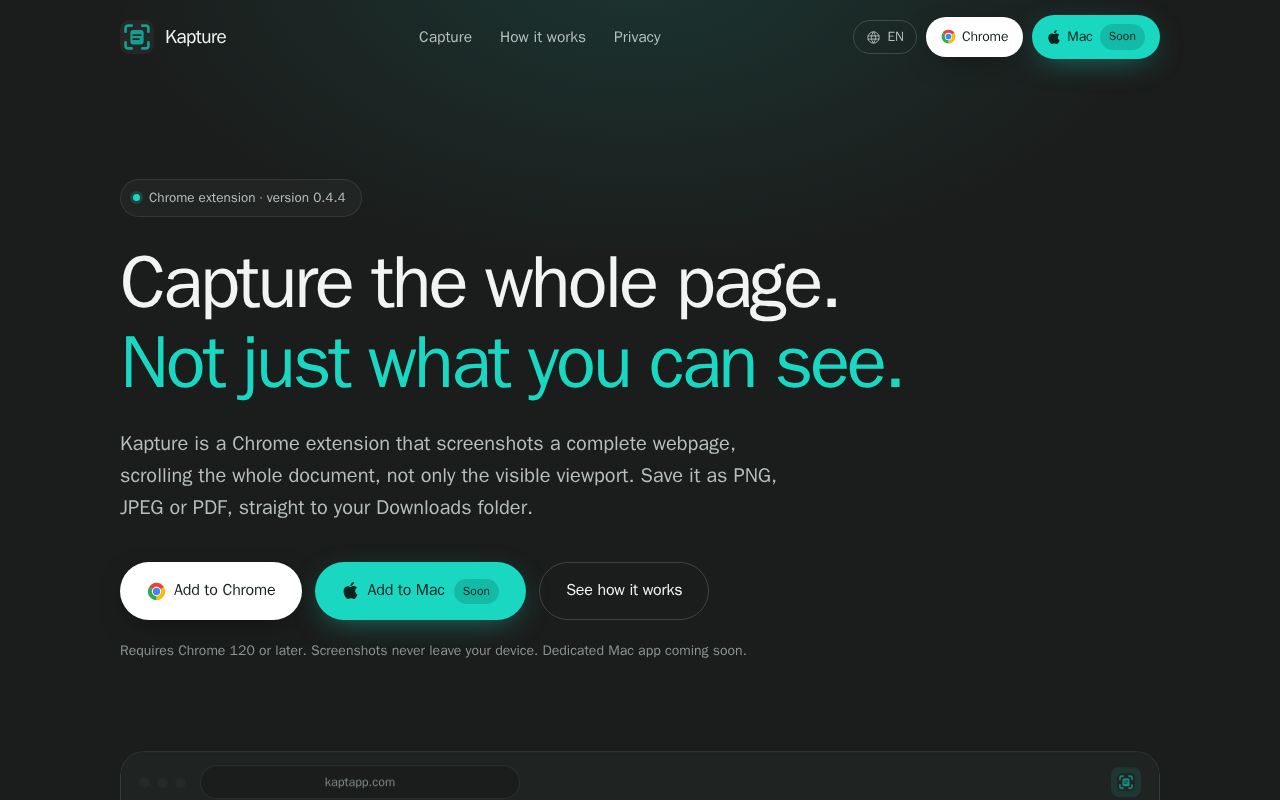 Preview of Official website for Kapture, a simple and fast screenshot capture tool.