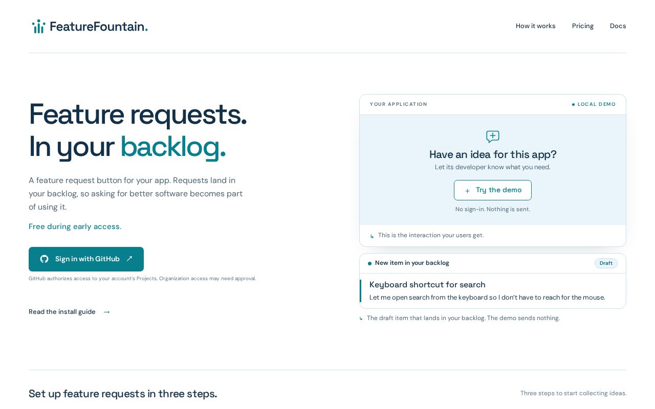 Preview of FeatureFountain: Feature requests. In your backlog.