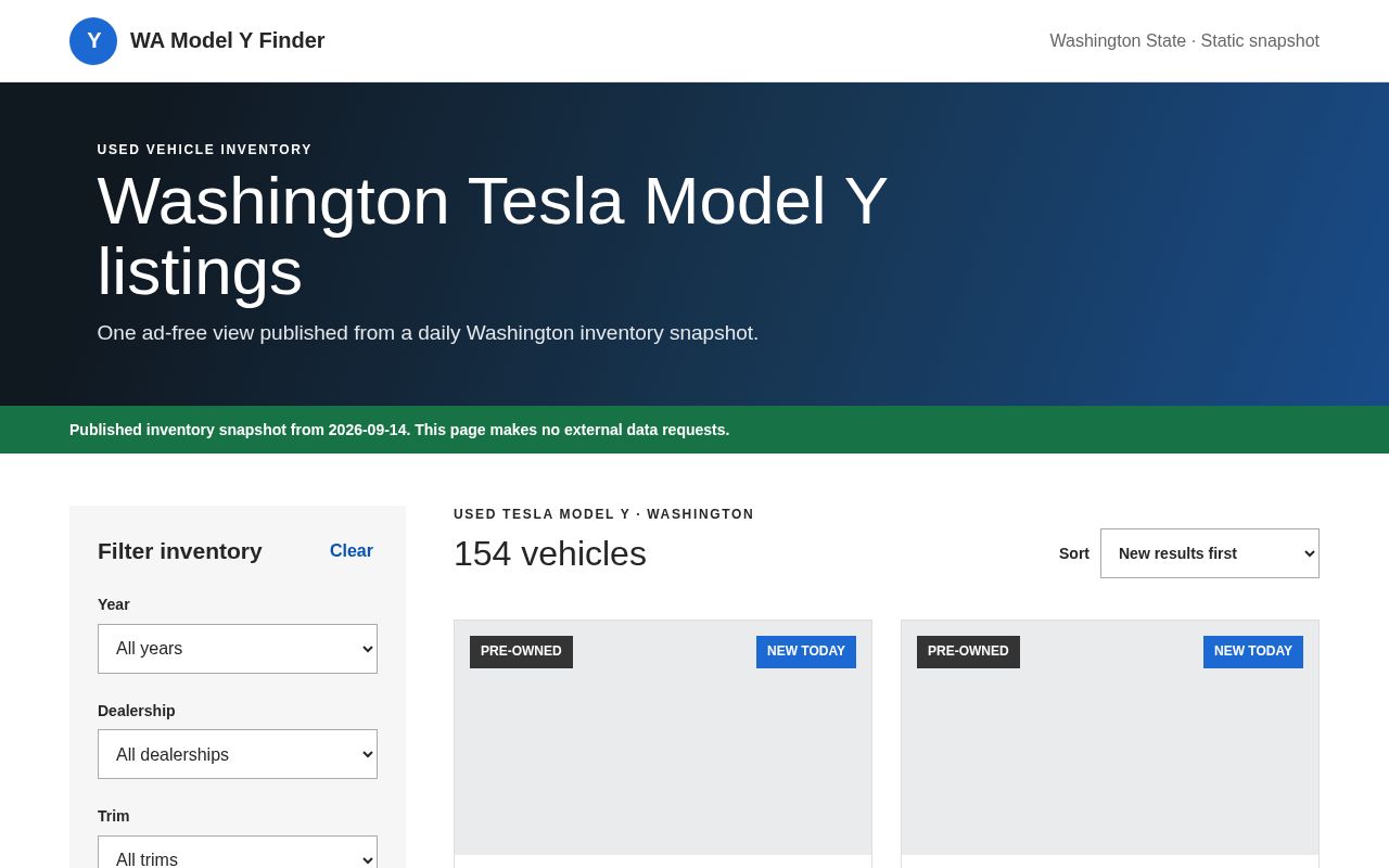 Preview of Ad-free Washington Tesla Model Y inventory finder