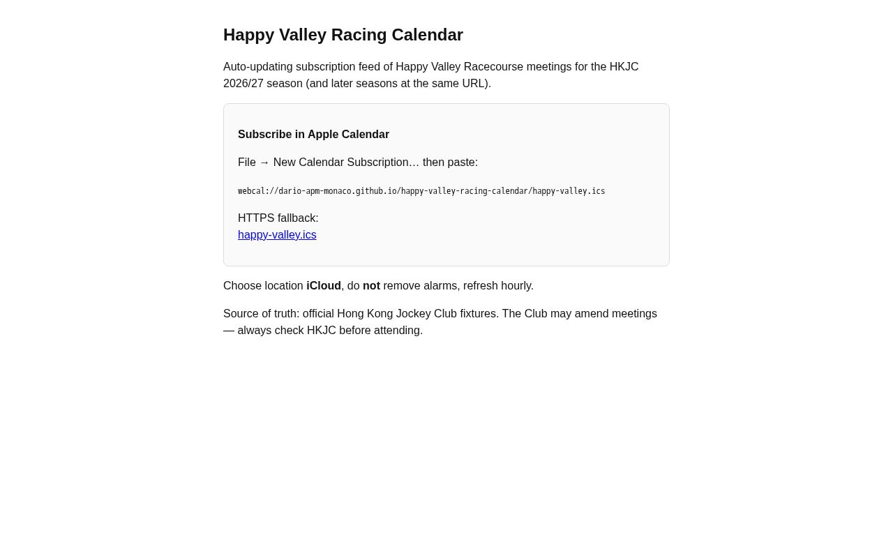 Preview of Auto-updating Happy Valley Racecourse calendar (HKJC) for Apple Calendar subscription