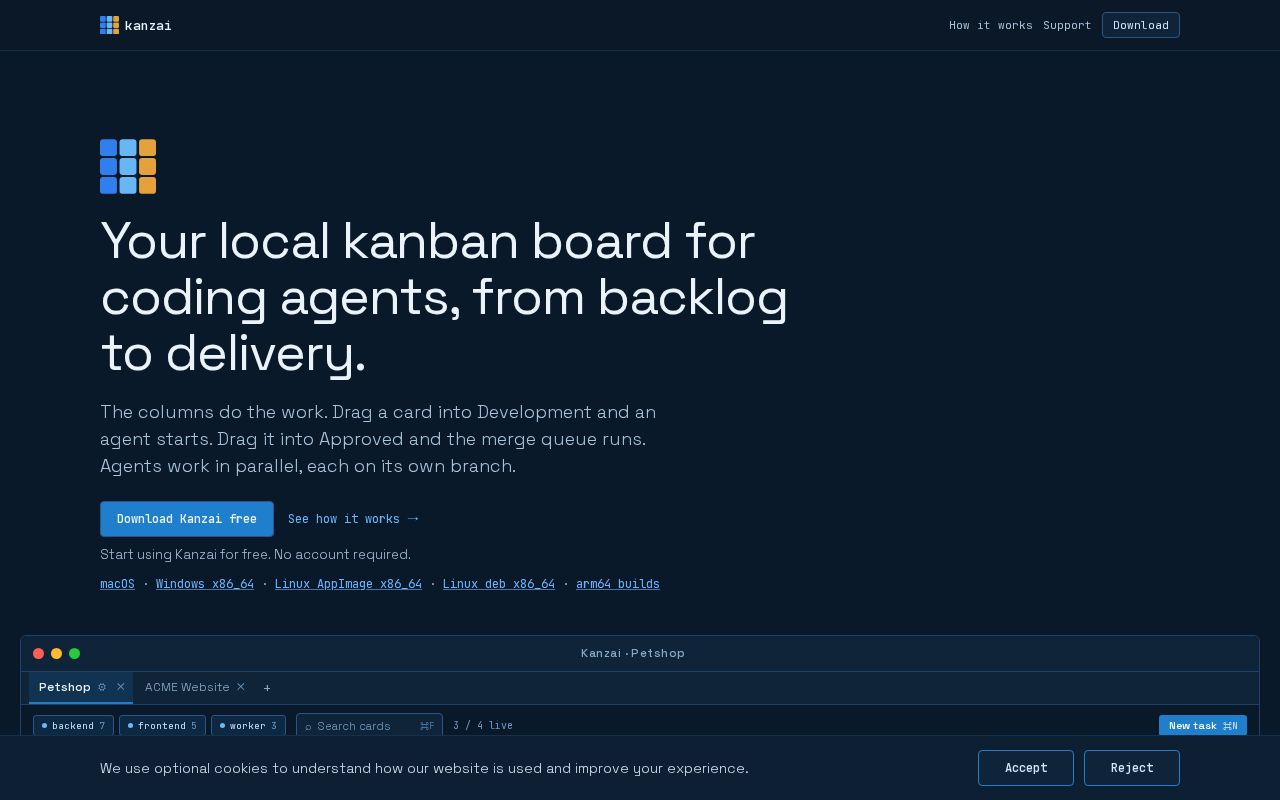 Preview of Kanzai: kanban board for coding agents
