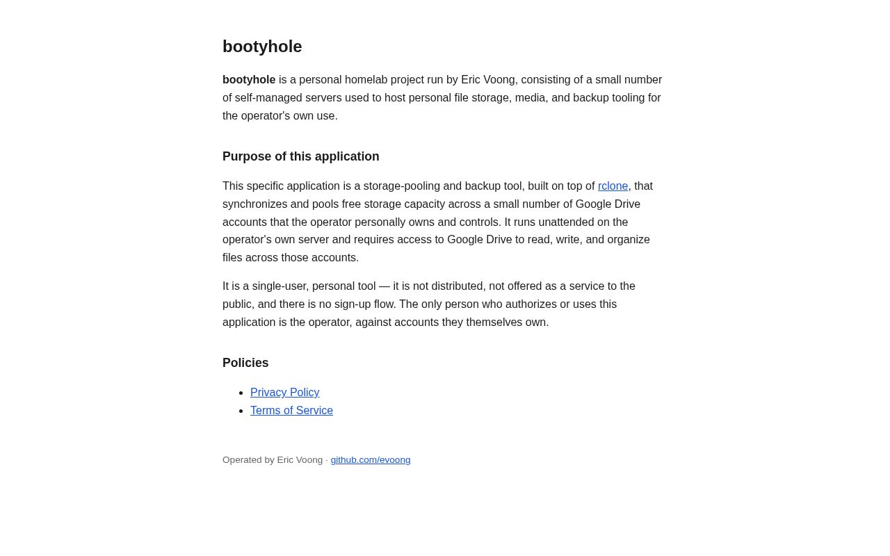 Preview of OAuth consent-screen policy pages for the bootyhole rclone Google Drive pool tool