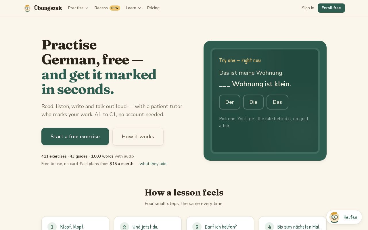 Preview of German practice online, A1–C1