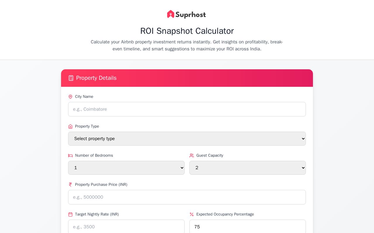 Preview of Suprhost ROI Snapshot – Airbnb Profit Calculator (India)