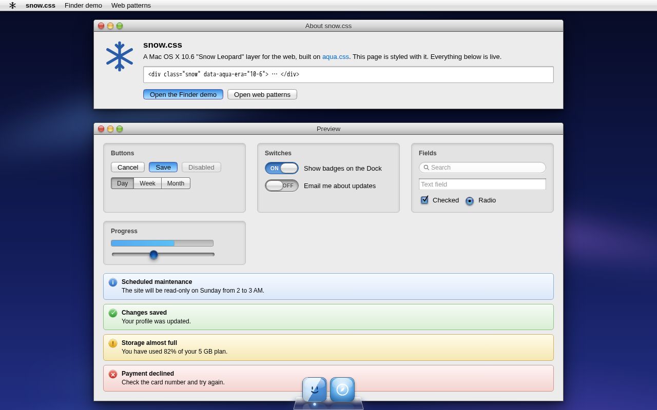Preview of snow.css: Mac OS X 10.6 for the web