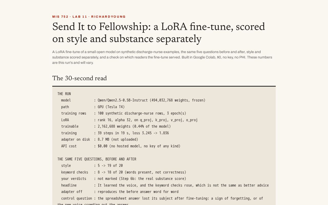 Preview of Send It to Fellowship: a LoRA fine-tune, scored on style and substance separatel