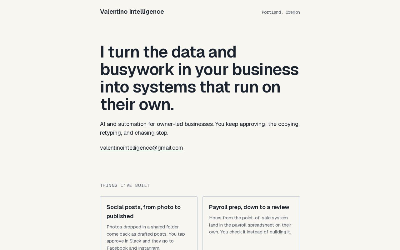 Preview of Valentino Intelligence — AI & automation consulting portfolio