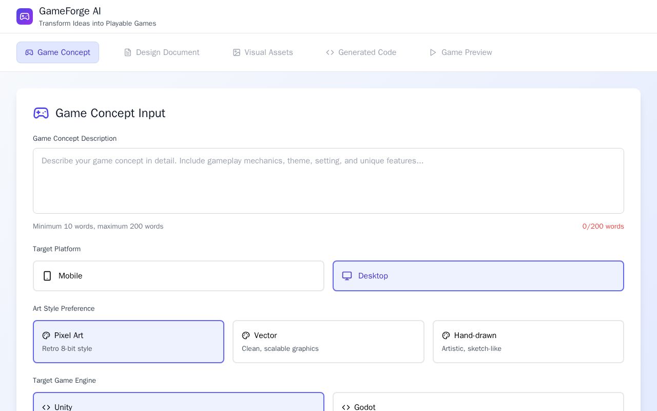 Preview of GameForge AI – generate a playable game from a single prompt
