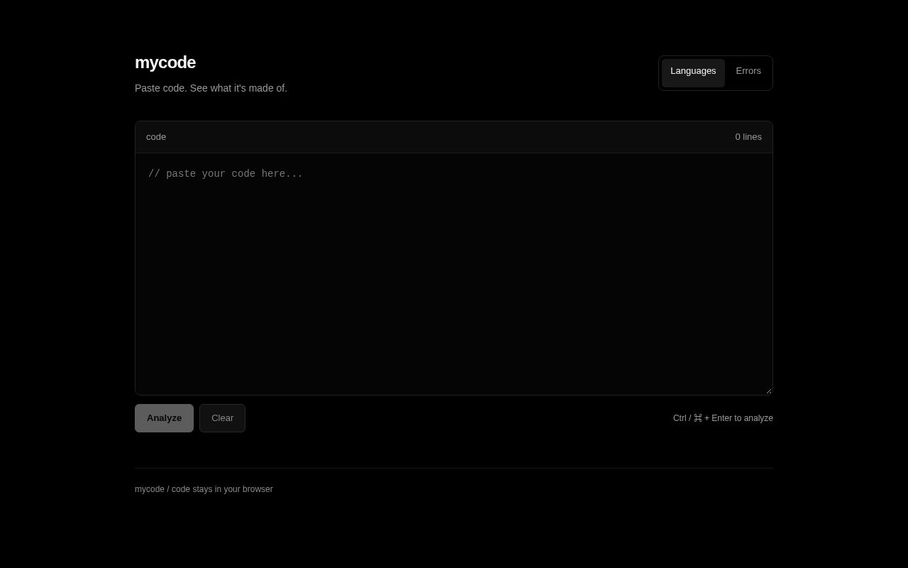 Preview of Website, paste code and get a GitHub-style breakdown of the languages used.
