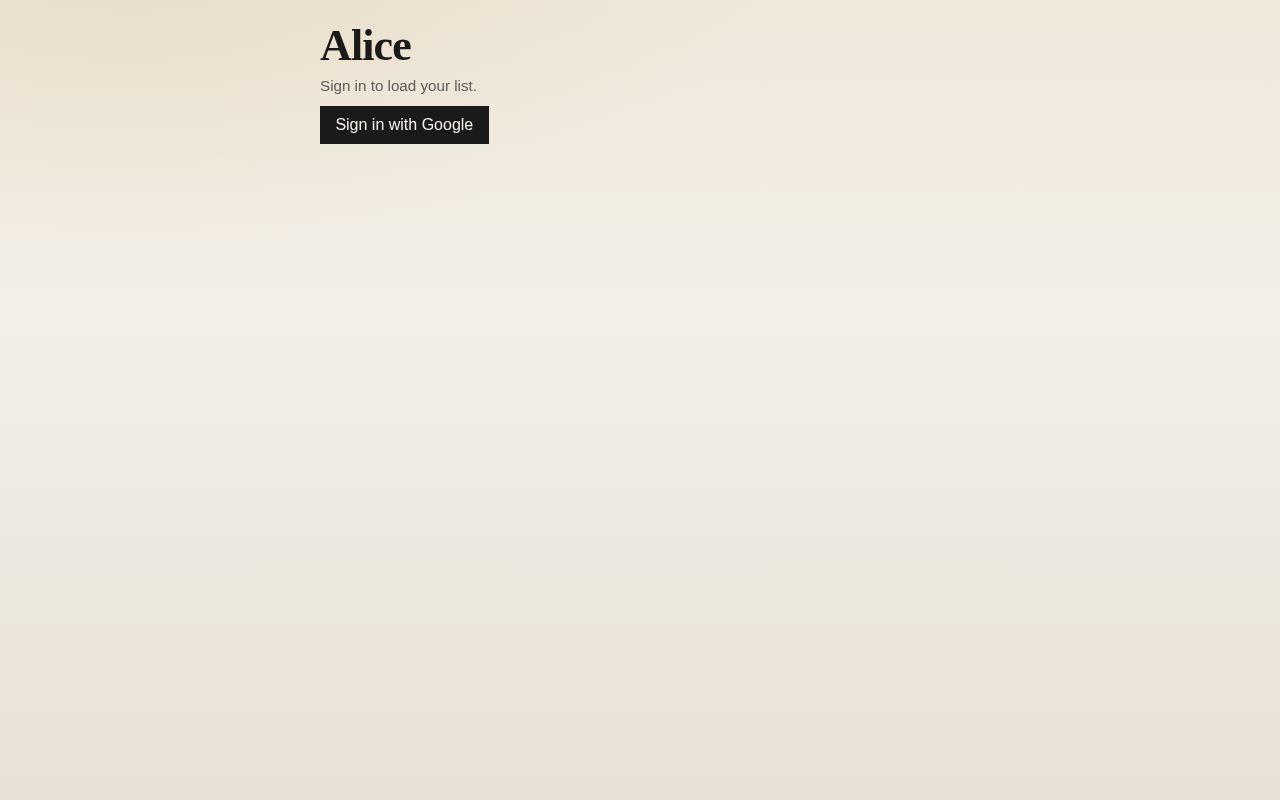 Preview of Alice list reader — public shell; private Drive JSON