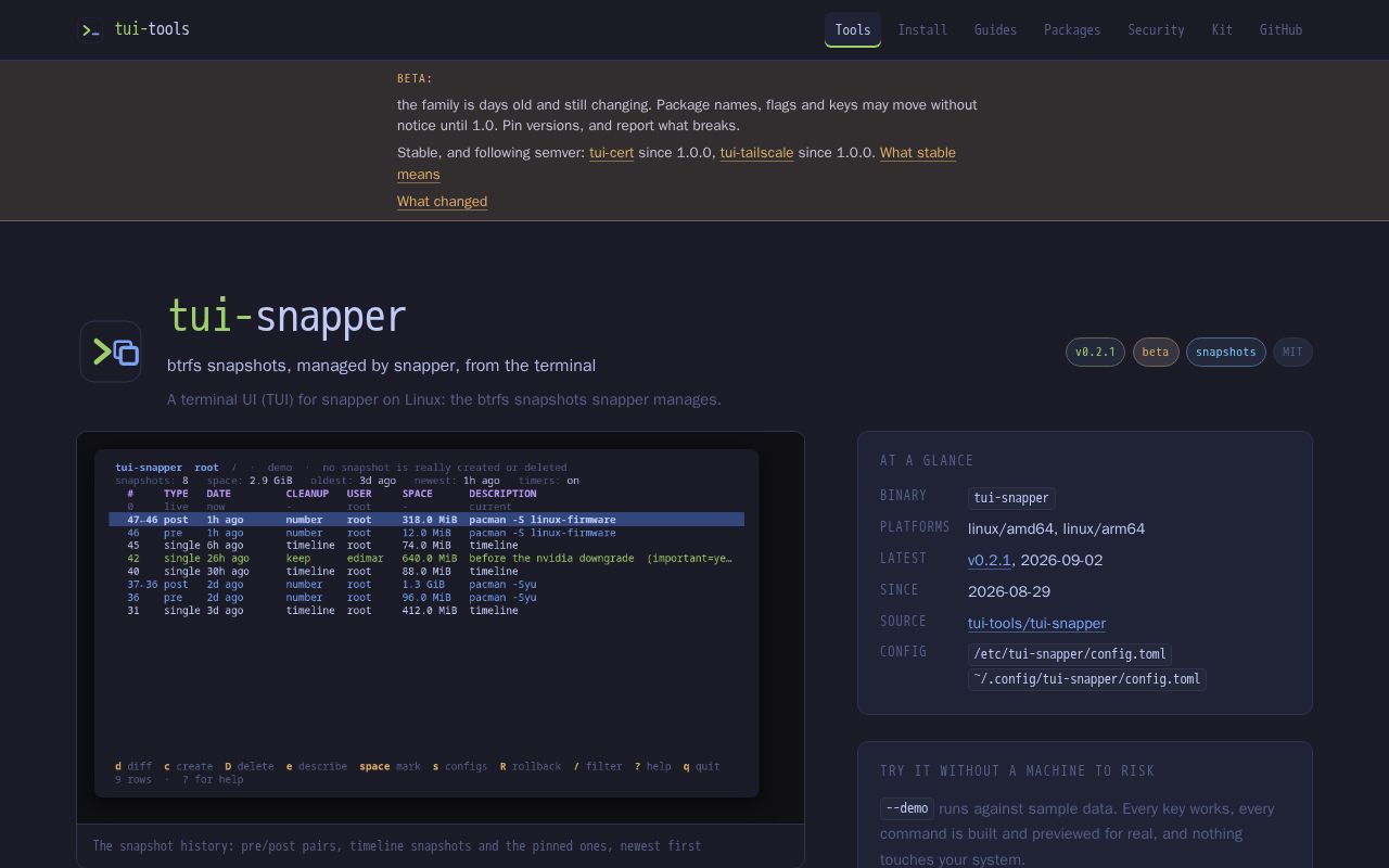 Preview of tui-snapper: btrfs snapshots, managed by snapper