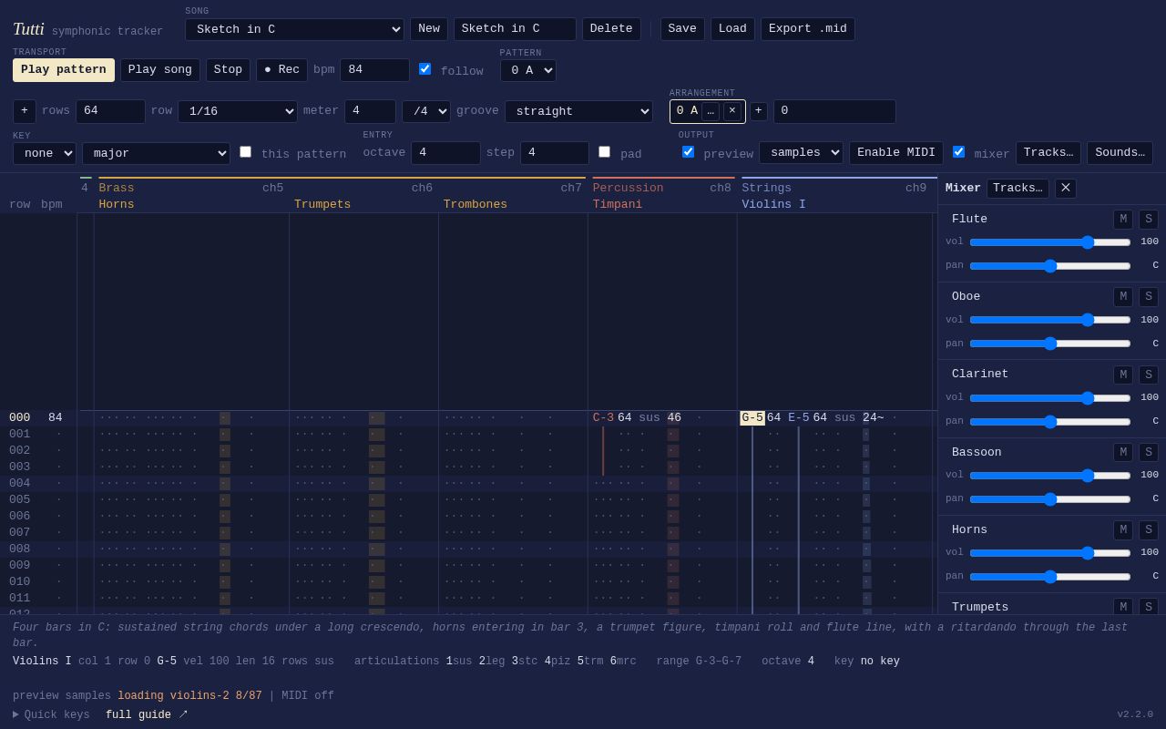 Preview of Tutti — a symphonic tracker: compose orchestral music in a tracker grid and export MIDI