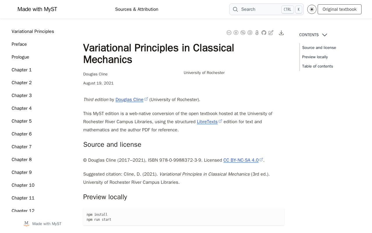 Preview of MyST Markdown edition of Douglas Cline's Variational Principles in Classical Mechanics