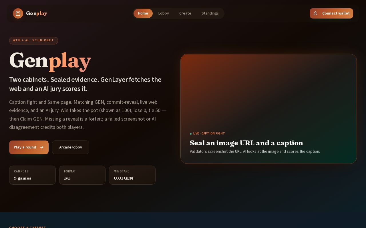 Preview of Hidden 1v1 arcade on GenLayer. Matching GEN. Winner takes the pot.
