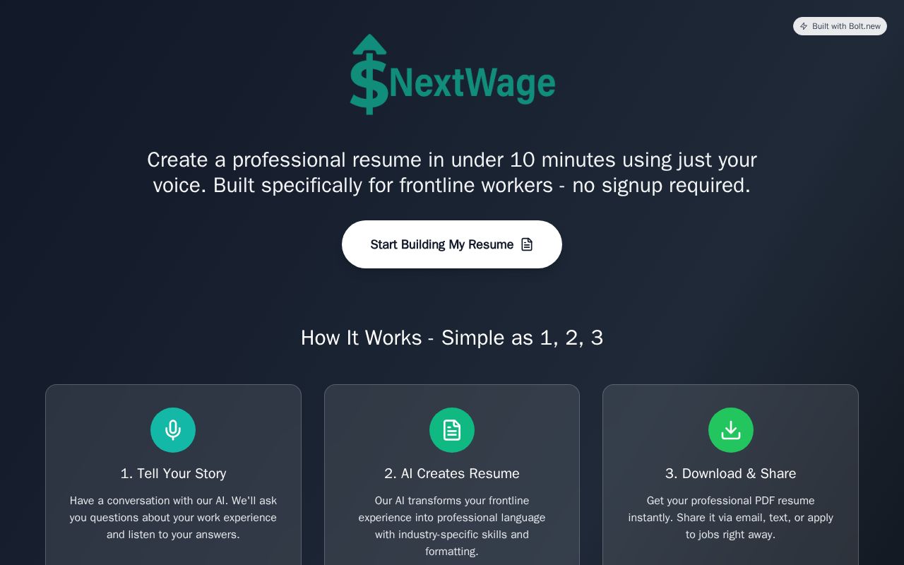 Preview of NextWage: AI Resume Builder for Frontline Workers