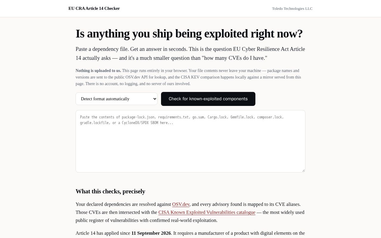 Preview of EU CRA Article 14 Checker
