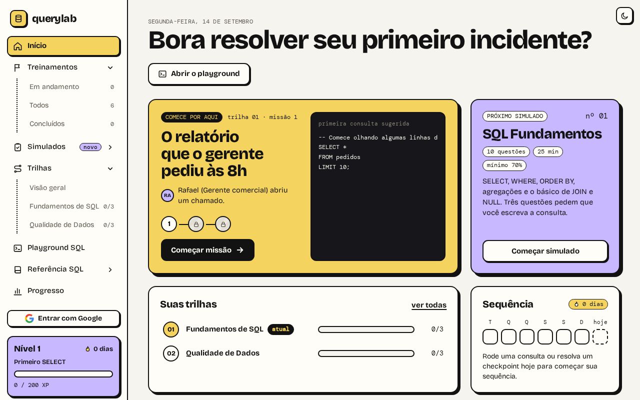 Preview of Treine SQL resolvendo incidentes reais de dados: missões, trilhas e simulados.