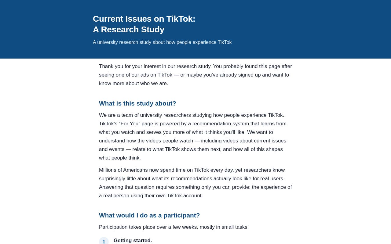 Preview of Participant information page for the Current Issues on TikTok research study