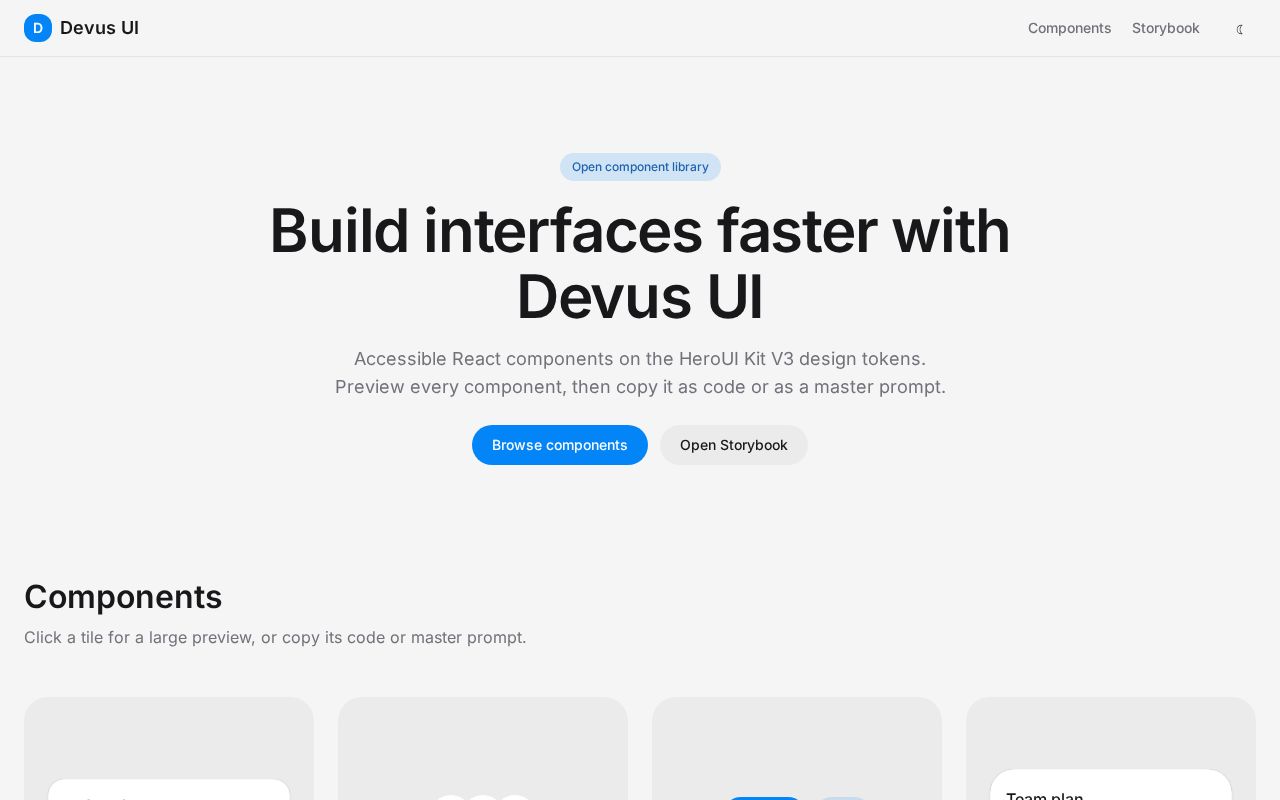 Preview of Devus UI : a React + TypeScript component library  , copy-ready code and prompts.