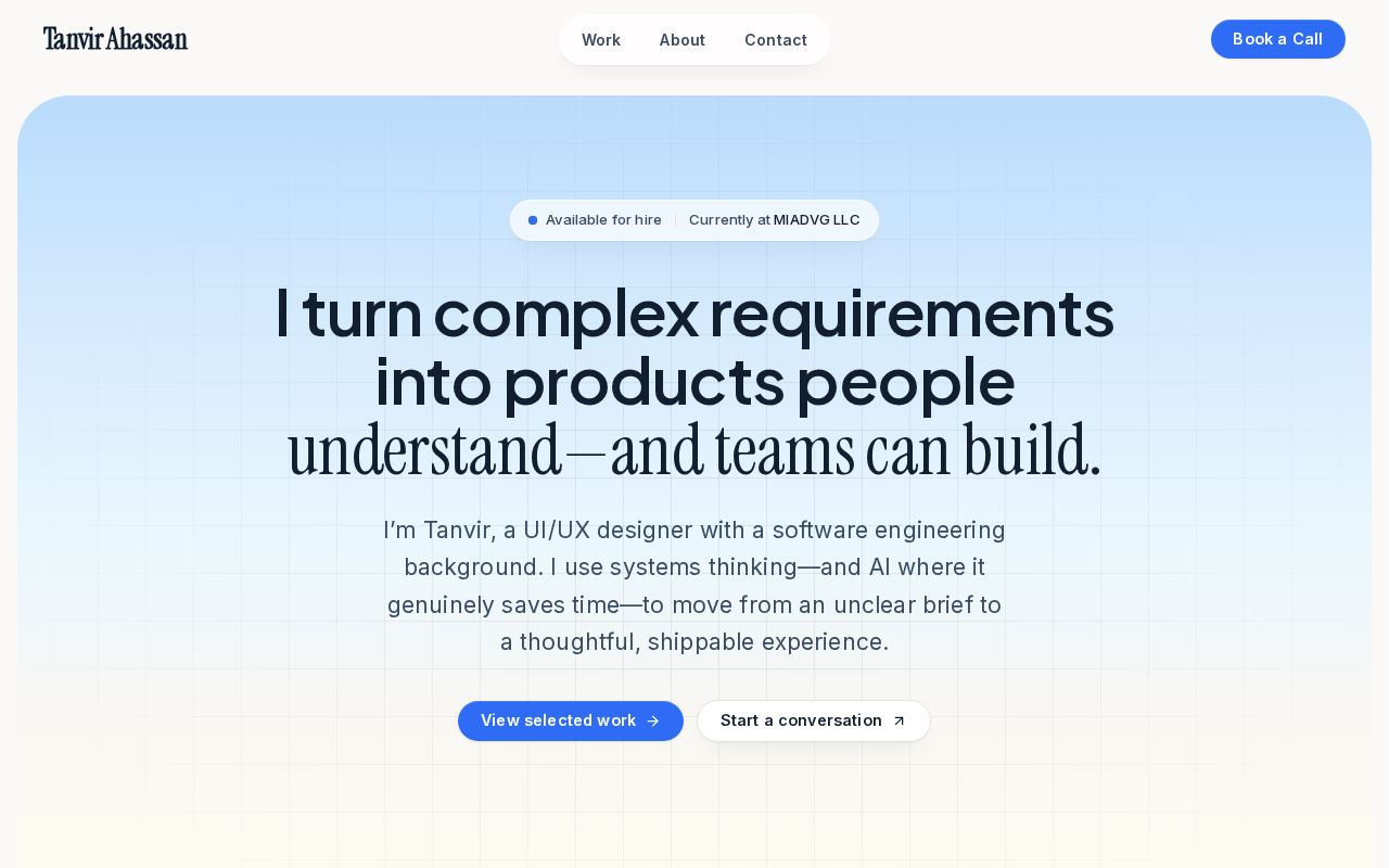 Preview of Design source and Next.js application for Tanvir Ahassan's portfolio
