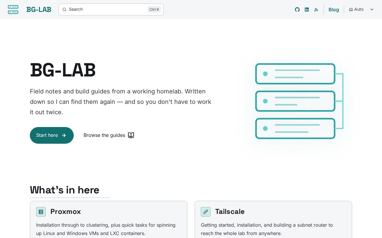 Preview of Homelab guides, IT documentation and lab notes — bglab.ca. Astro + Starlight.